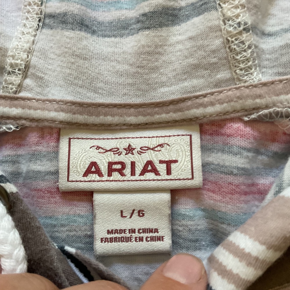 Ariat Womens Serape Stripe Lightweight Hoodie Tassel Drawstring Top Brown Pink L - Picture 2 of 14